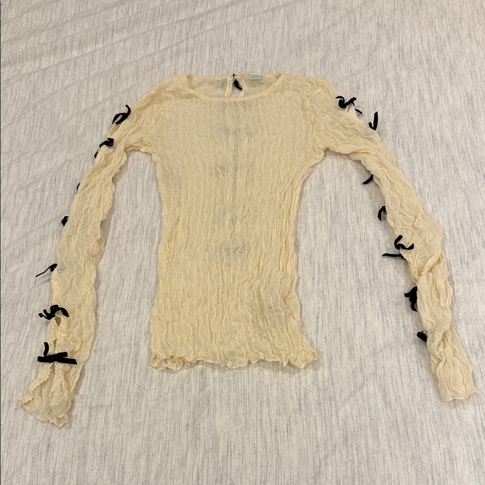 Second Skin Cream Long Sleeve Top with Black Bows
